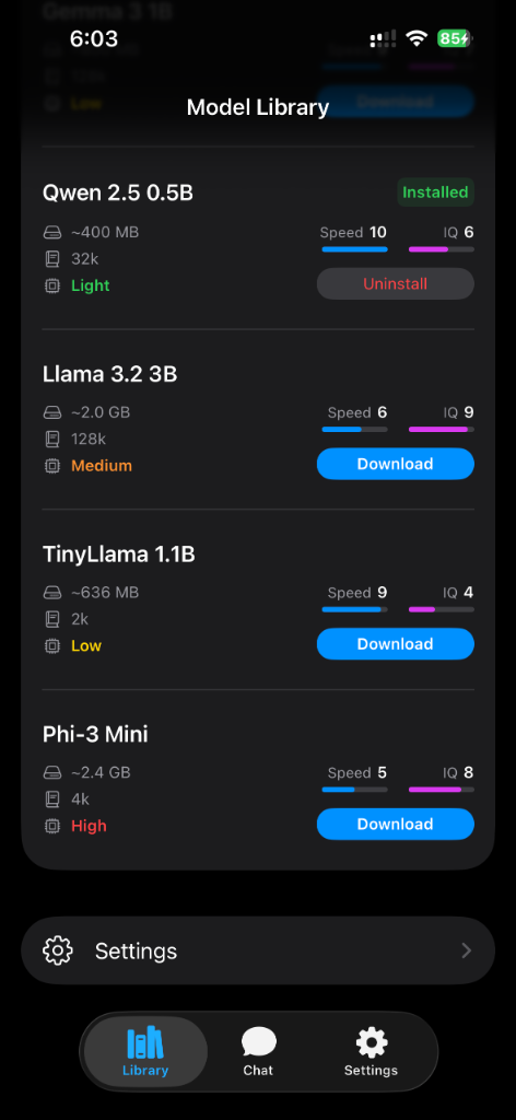 PocketLlama Model Library - Download and manage AI models