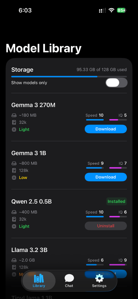 PocketLlama Model Library - Storage tracking and model details
