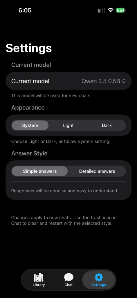PocketLlama Settings - Model selection, appearance and answer style